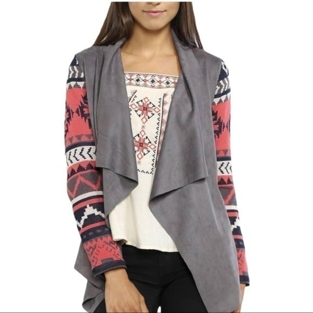 Flying Tomato Womens Medium Gray Red and White Suede and Knit Coat Sz.S